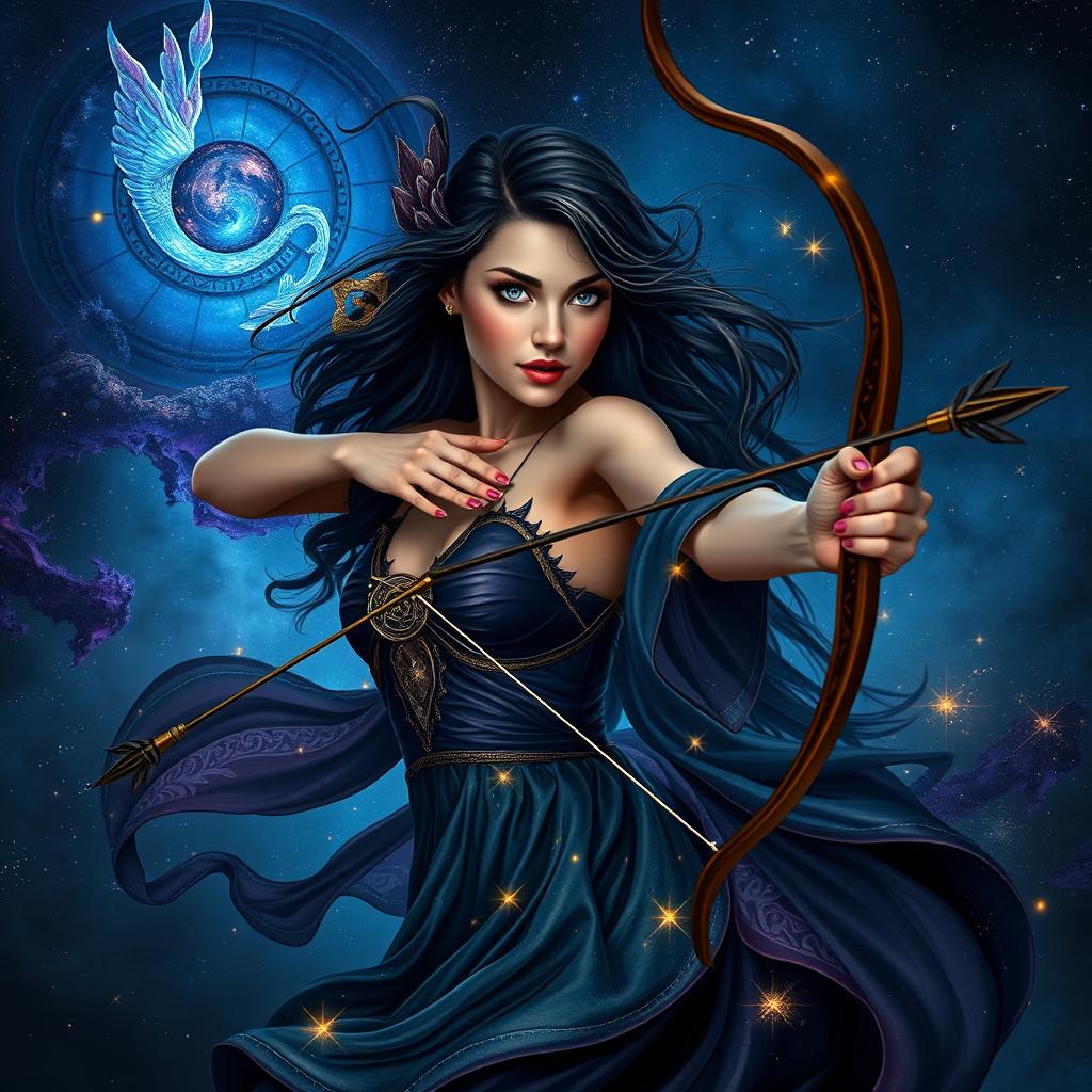 An enchanting, adult fantasy representation of the Sagittarius zodiac sign featuring a captivating woman as the embodiment of Sagittarius