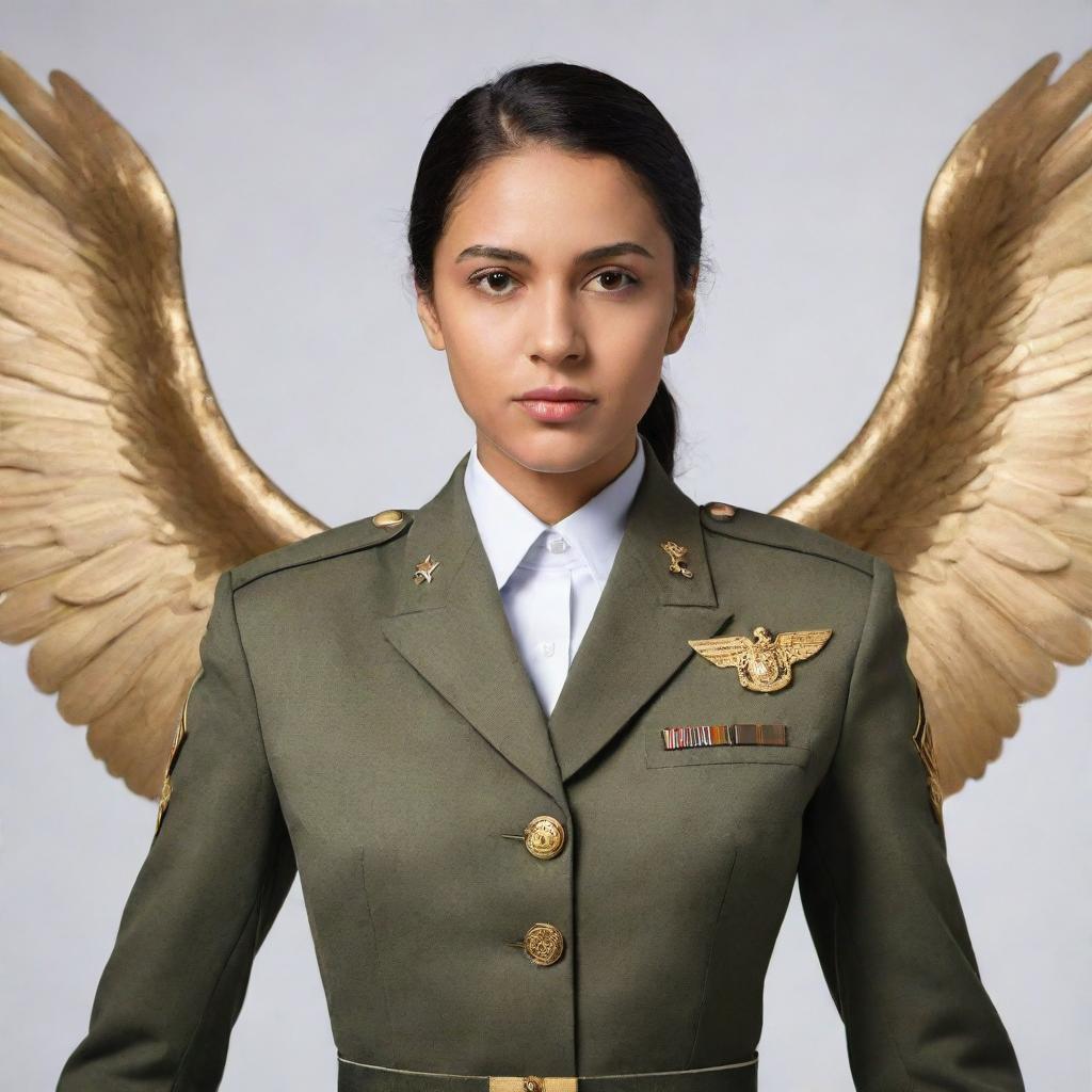 Generate an image of a fearless woman in military uniform, her wings expanding wide; they are pristine white with golden stripes signifying power and authority.