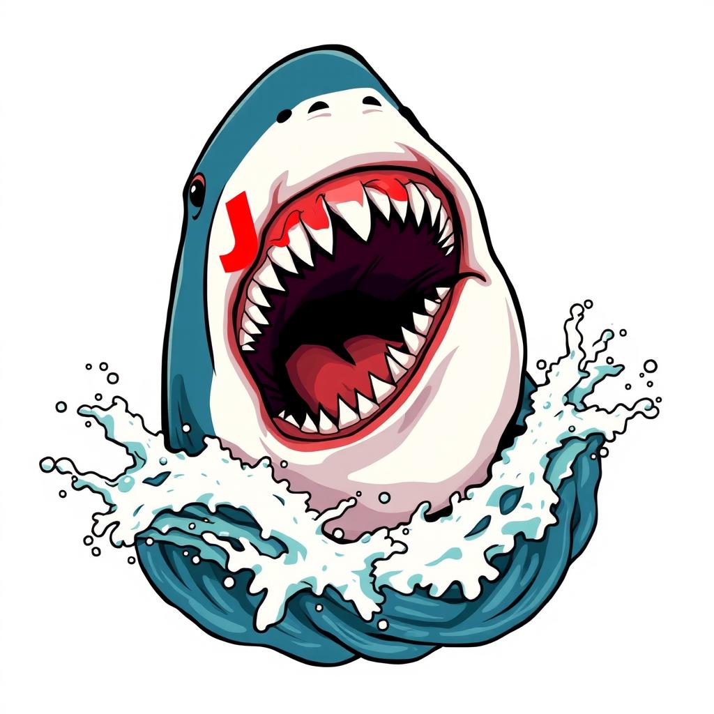 A dynamic 2D illustration of a shark's head inspired by Jaws, emerging from splashing waves on a stark white background