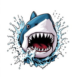 A dynamic 2D illustration of a shark's head inspired by Jaws, emerging from splashing waves on a stark white background