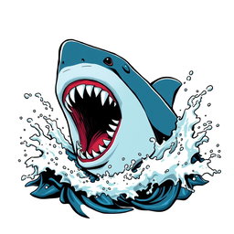 A dynamic 2D illustration of a shark's head inspired by Jaws, emerging from splashing waves on a stark white background