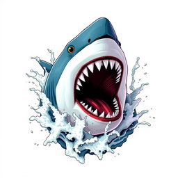 A dynamic 2D illustration of a shark's head inspired by Jaws, emerging from splashing waves on a stark white background