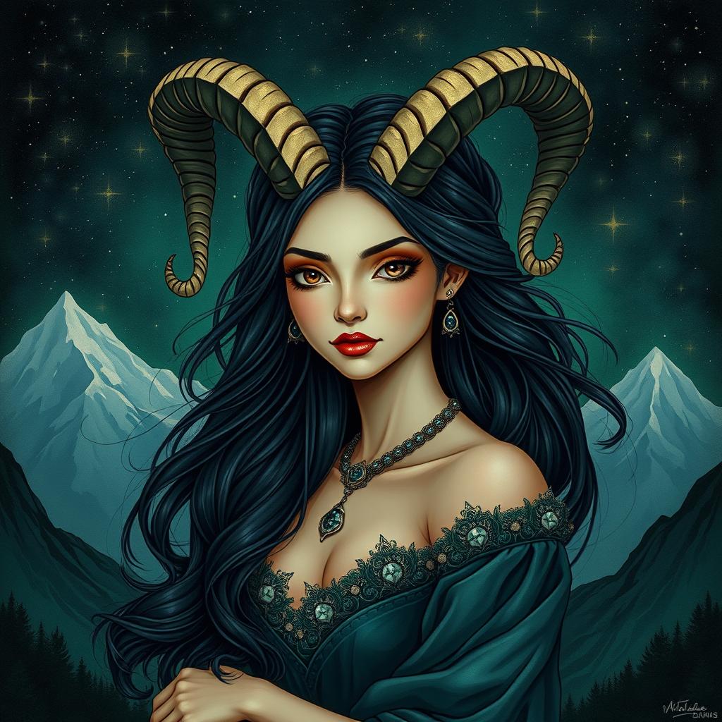 A captivating, adult fantasy depiction of the Capricorn zodiac sign featuring a stunning woman as the embodiment of Capricorn