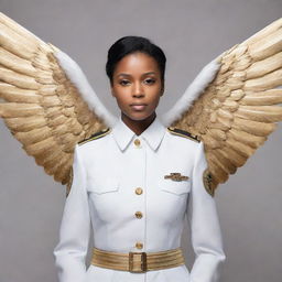 Generate an image of a fearless woman in military uniform, her wings expanding wide; they are pristine white with golden stripes signifying power and authority.