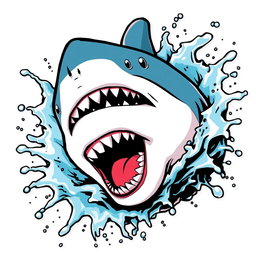 A captivating illustration of a shark's head, designed in an American comic style, bursting through splashing water against a clean white background
