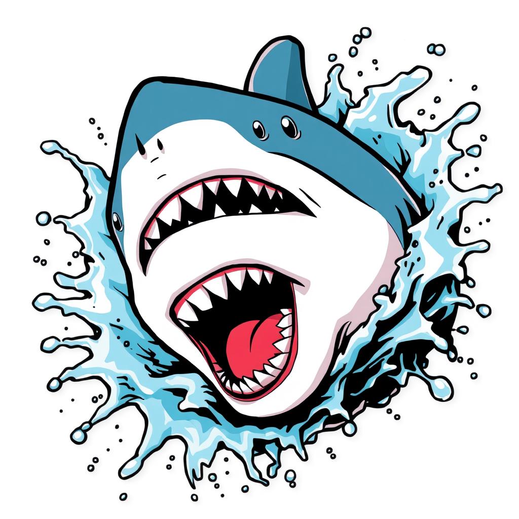 A captivating illustration of a shark's head, designed in an American comic style, bursting through splashing water against a clean white background