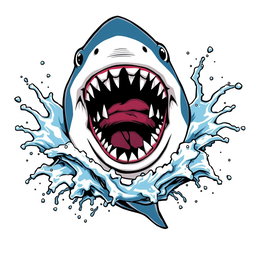 A captivating illustration of a shark's head, designed in an American comic style, bursting through splashing water against a clean white background