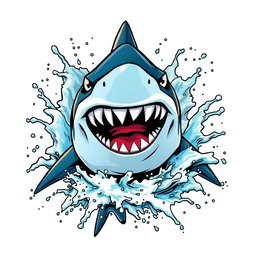 A captivating illustration of a shark's head, designed in an American comic style, bursting through splashing water against a clean white background