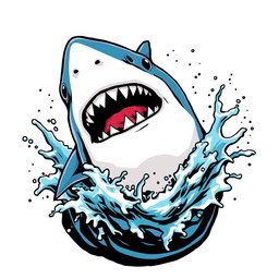 A captivating illustration of a shark's head, designed in an American comic style, bursting through splashing water against a clean white background