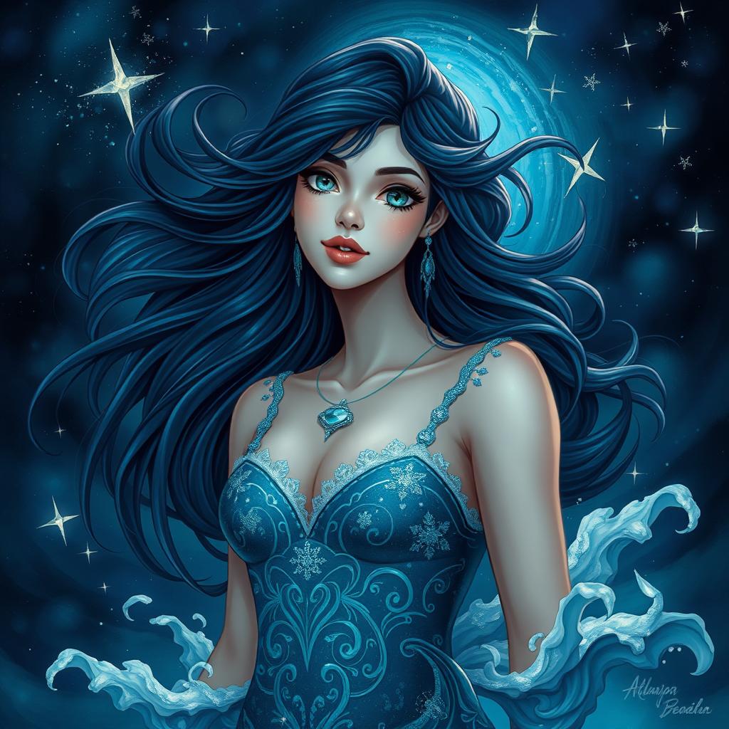 A stunning, adult fantasy portrayal of the Aquarius zodiac sign, featuring a beautiful woman as the personification of Aquarius
