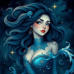 A stunning, adult fantasy portrayal of the Aquarius zodiac sign, featuring a beautiful woman as the personification of Aquarius