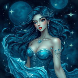 A stunning, adult fantasy portrayal of the Aquarius zodiac sign, featuring a beautiful woman as the personification of Aquarius