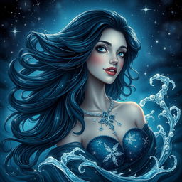 A stunning, adult fantasy portrayal of the Aquarius zodiac sign, featuring a beautiful woman as the personification of Aquarius