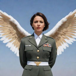 Generate an image of a fearless woman in military uniform, her wings expanding wide; they are pristine white with golden stripes signifying power and authority.