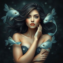 A beautiful and eye-catching representation of the Pisces zodiac sign, featuring a realistic adult woman as the central symbol