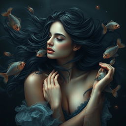 A beautiful and eye-catching representation of the Pisces zodiac sign, featuring a realistic adult woman as the central symbol