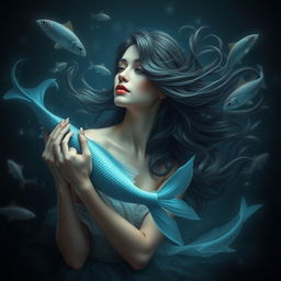 A beautiful and eye-catching representation of the Pisces zodiac sign, featuring a realistic adult woman as the central symbol