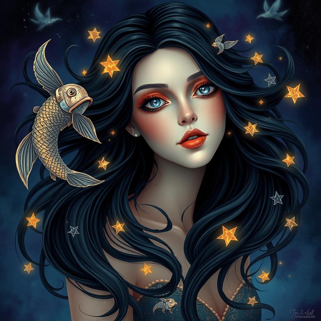 A captivating and beautiful adult female figure representing the Pisces zodiac sign, surrounded by an enchanting fantasy atmosphere