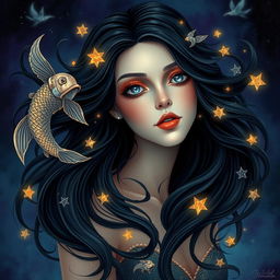 A captivating and beautiful adult female figure representing the Pisces zodiac sign, surrounded by an enchanting fantasy atmosphere