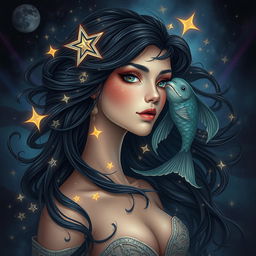 A captivating and beautiful adult female figure representing the Pisces zodiac sign, surrounded by an enchanting fantasy atmosphere