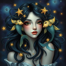 A captivating and beautiful adult female figure representing the Pisces zodiac sign, surrounded by an enchanting fantasy atmosphere