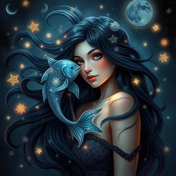 A captivating and beautiful adult female figure representing the Pisces zodiac sign, surrounded by an enchanting fantasy atmosphere