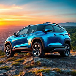 A hybrid spot utility vehicle crossover, designed with a sleek and modern silhouette, featuring a blend of rugged off-road capabilities and urban sophistication