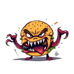 A 2D illustration of an angry burger monster with exaggerated features, such as a furrowed brow and jagged teeth, prominently displayed against a white background