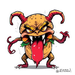 A 2D illustration of an angry burger monster with exaggerated features, such as a furrowed brow and jagged teeth, prominently displayed against a white background