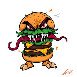 A 2D illustration of an angry burger monster with exaggerated features, such as a furrowed brow and jagged teeth, prominently displayed against a white background