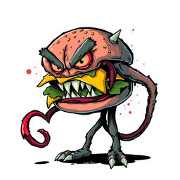 A 2D illustration of an angry burger monster with exaggerated features, such as a furrowed brow and jagged teeth, prominently displayed against a white background