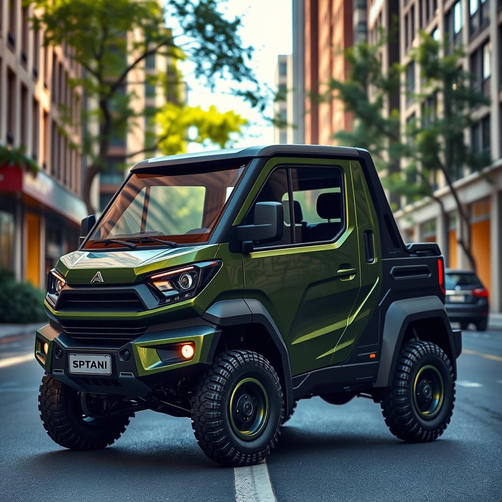 A hybrid spot utility vehicle, featuring a robust and compact design that blends practicality with modern aesthetics