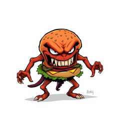 A 2D illustration of an angry burger monster, lacking hands and legs, with exaggerated facial features like a scowling expression and sharp teeth, displayed prominently against a white background
