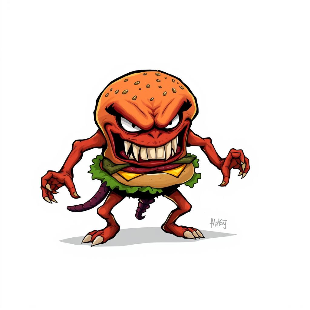 A 2D illustration of an angry burger monster, lacking hands and legs, with exaggerated facial features like a scowling expression and sharp teeth, displayed prominently against a white background