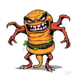 A 2D illustration of an angry burger monster, lacking hands and legs, with exaggerated facial features like a scowling expression and sharp teeth, displayed prominently against a white background