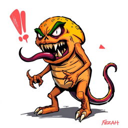 A 2D illustration of an angry burger monster, lacking hands and legs, with exaggerated facial features like a scowling expression and sharp teeth, displayed prominently against a white background
