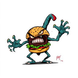 A 2D illustration of an angry burger monster, lacking hands and legs, with exaggerated facial features like a scowling expression and sharp teeth, displayed prominently against a white background