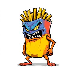 A 2D illustration of an angry fries monster, depicted without hands and legs, with a furious expression and sharp, exaggerated features, set against a white background
