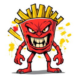 A 2D illustration of an angry fries monster, depicted without hands and legs, with a furious expression and sharp, exaggerated features, set against a white background