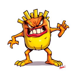 A 2D illustration of an angry fries monster, depicted without hands and legs, with a furious expression and sharp, exaggerated features, set against a white background
