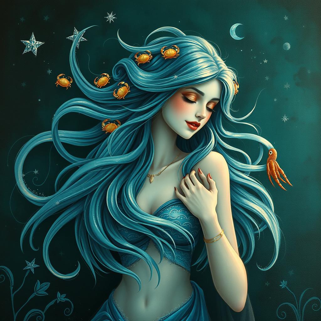 An enchanting and beautiful adult female figure embodying the Cancer zodiac sign, set in a whimsical, fantasy-inspired environment