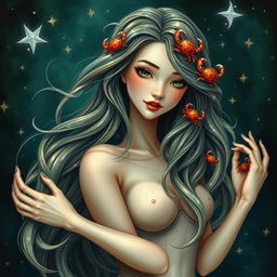 An enchanting and beautiful adult female figure embodying the Cancer zodiac sign, set in a whimsical, fantasy-inspired environment