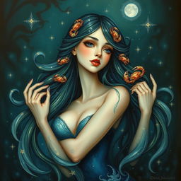 An enchanting and beautiful adult female figure embodying the Cancer zodiac sign, set in a whimsical, fantasy-inspired environment