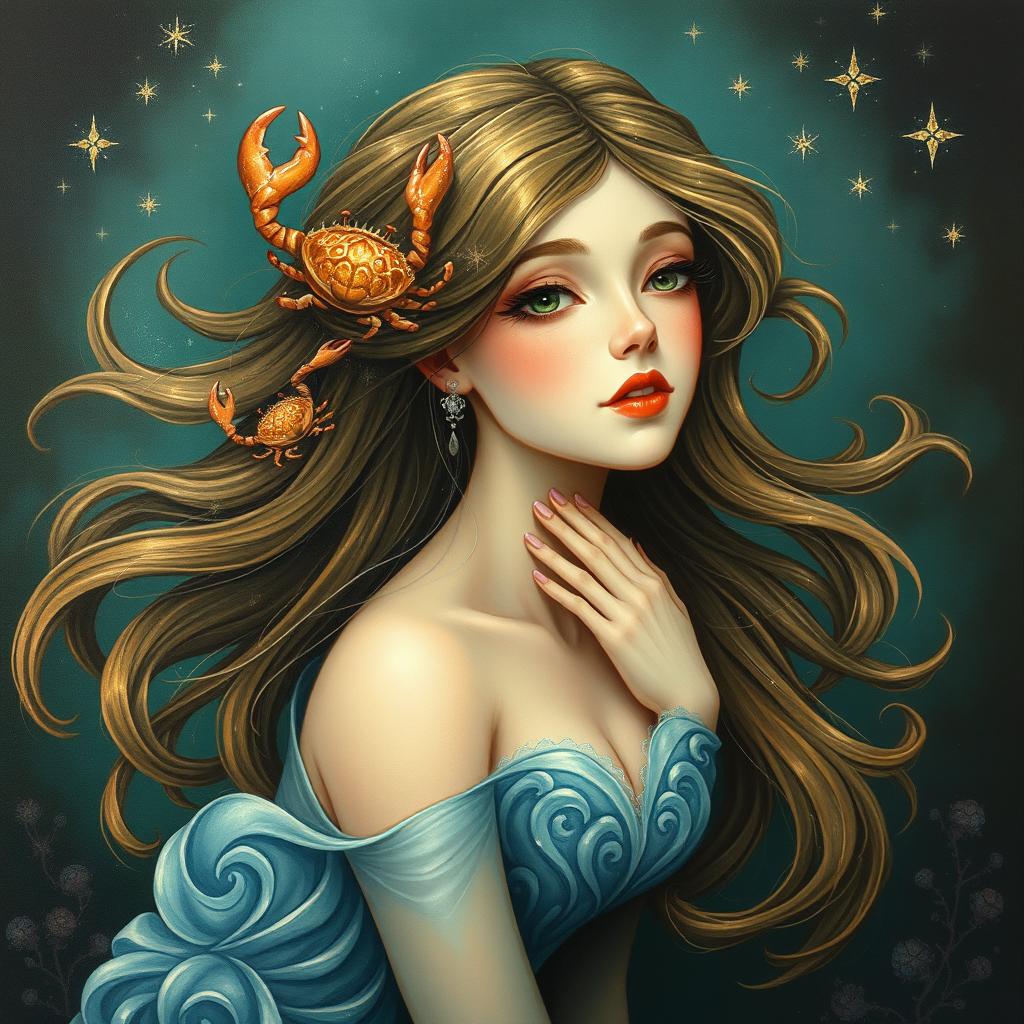 An enchanting and beautiful adult female figure embodying the Cancer zodiac sign, set in a whimsical, fantasy-inspired environment