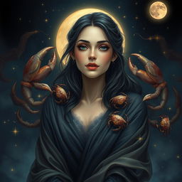 A beautiful and eye-catching representation of the Cancer zodiac sign, featuring a realistic adult woman as the central symbol