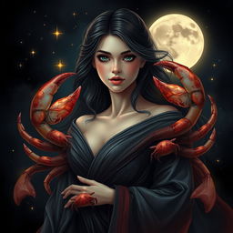 A beautiful and eye-catching representation of the Cancer zodiac sign, featuring a realistic adult woman as the central symbol