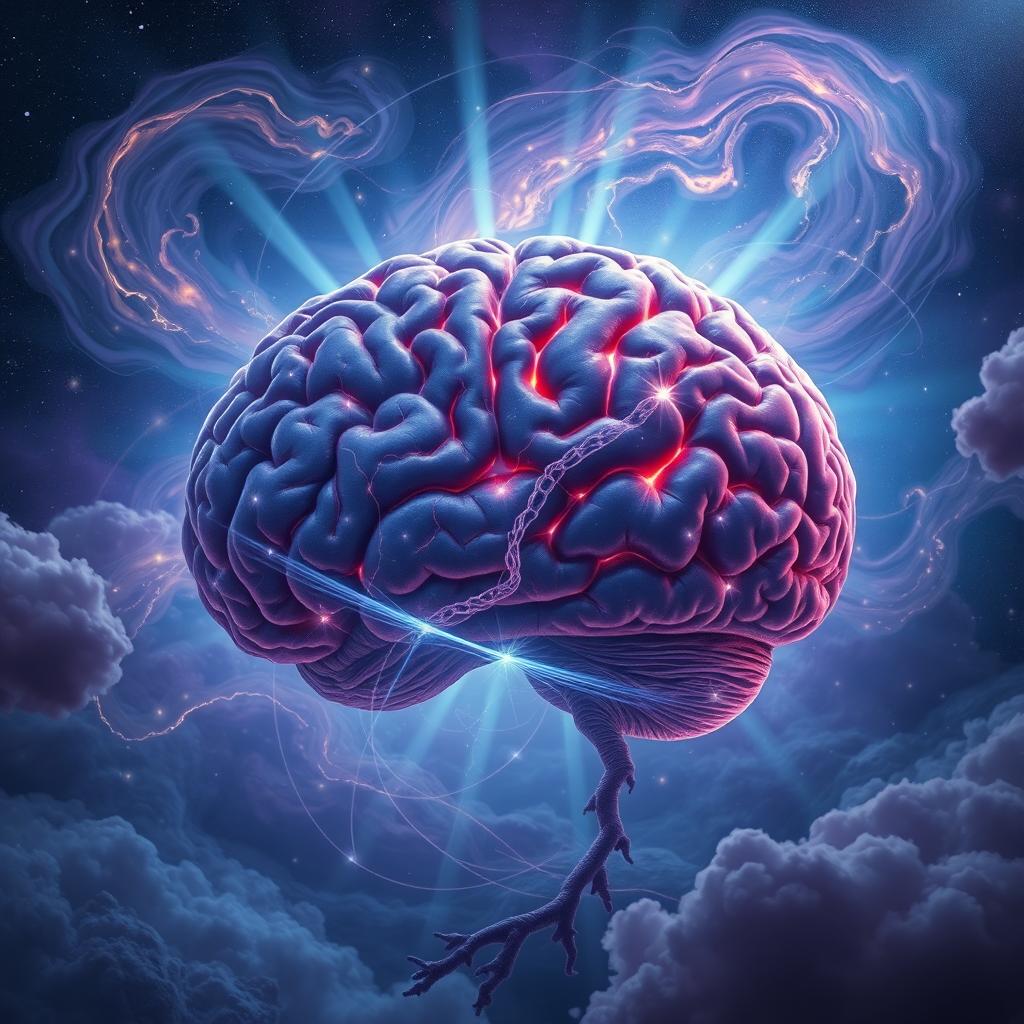 A giant, highly detailed brain floating in a surreal landscape, surrounded by swirling colorful clouds and beams of light, showcasing intricate neural connections and glowing synapses