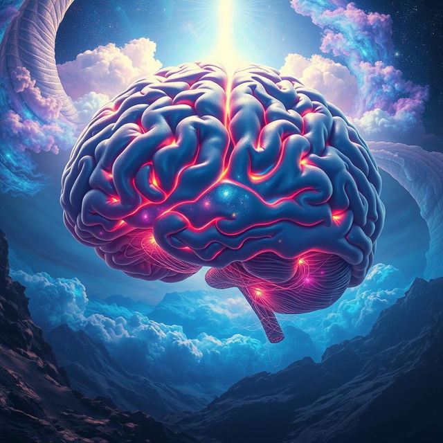 A giant, highly detailed brain floating in a surreal landscape, surrounded by swirling colorful clouds and beams of light, showcasing intricate neural connections and glowing synapses