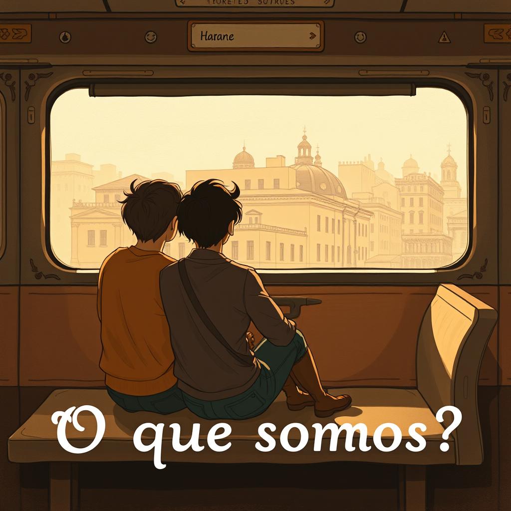 An illustration for the book titled 'O que somos?' depicting two friends sitting on an old-fashioned train bench, gazing out of the window at a vintage cityscape