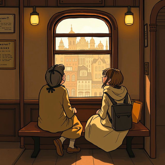 An illustration for the book titled 'O que somos?' depicting two friends sitting on an old-fashioned train bench, gazing out of the window at a vintage cityscape